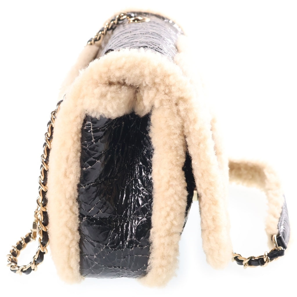 CHANEL(シャネル) CCマニア ココマーク パテントレザー シアリング ムートン チェーンショルダーバッグ ゴールド金具 ブラック/ベージュ 28番台 レディース