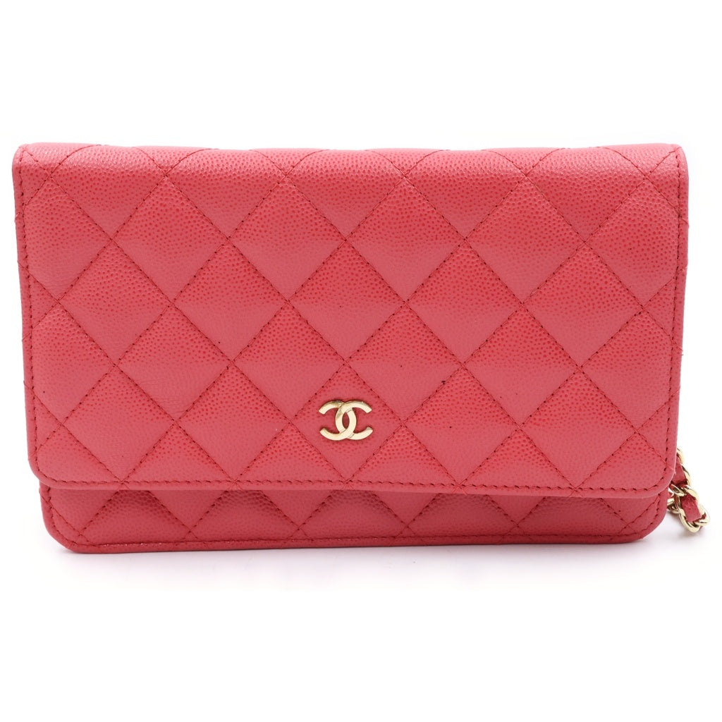 CHANEL(シャネル) ココマーク マトラッセ キャビアスキン ゴールド金具 チェーンウォレット ショルダーバッグ 長財布 ピンク