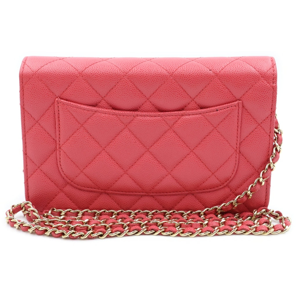CHANEL(シャネル) ココマーク マトラッセ キャビアスキン ゴールド金具 チェーンウォレット ショルダーバッグ 長財布 ピンク