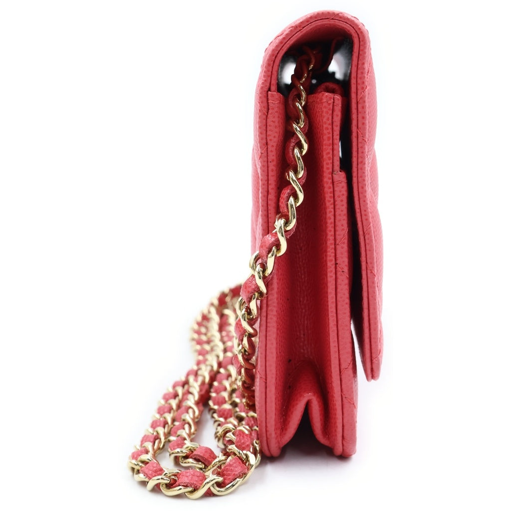 CHANEL(シャネル) ココマーク マトラッセ キャビアスキン ゴールド金具 チェーンウォレット ショルダーバッグ 長財布 ピンク
