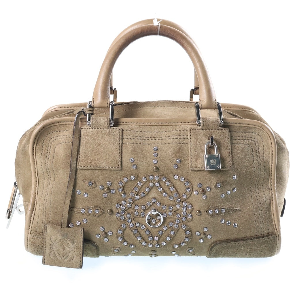 LOEWE(ロエベ) アマソナ28 ラインストーン ハンドバッグ ボストンバッグ カーキ スエード シルバー金具 レディース