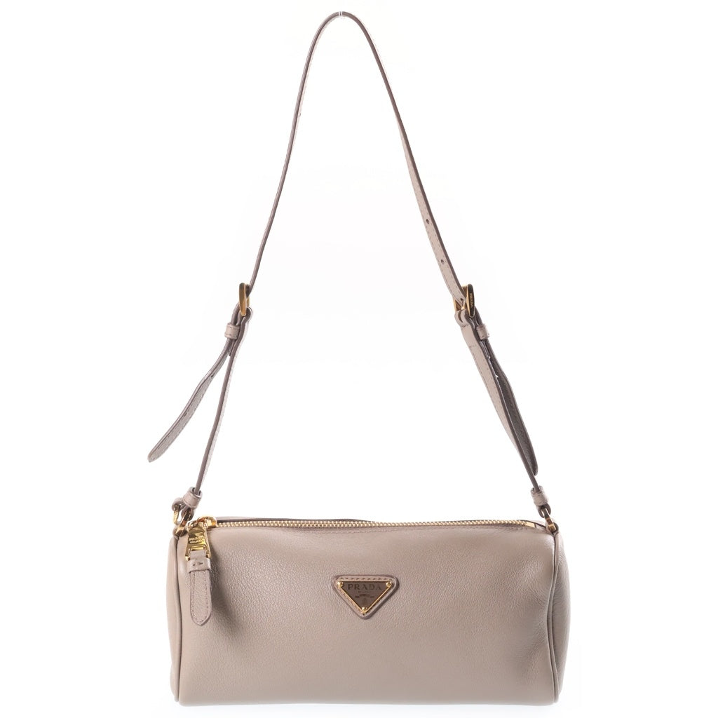 PRADA(プラダ) トライアングルロゴ三角プレート ショルダーポーチ ショルダーバッグ グレージュ レザー 1BC239 ゴールド金具 レディース