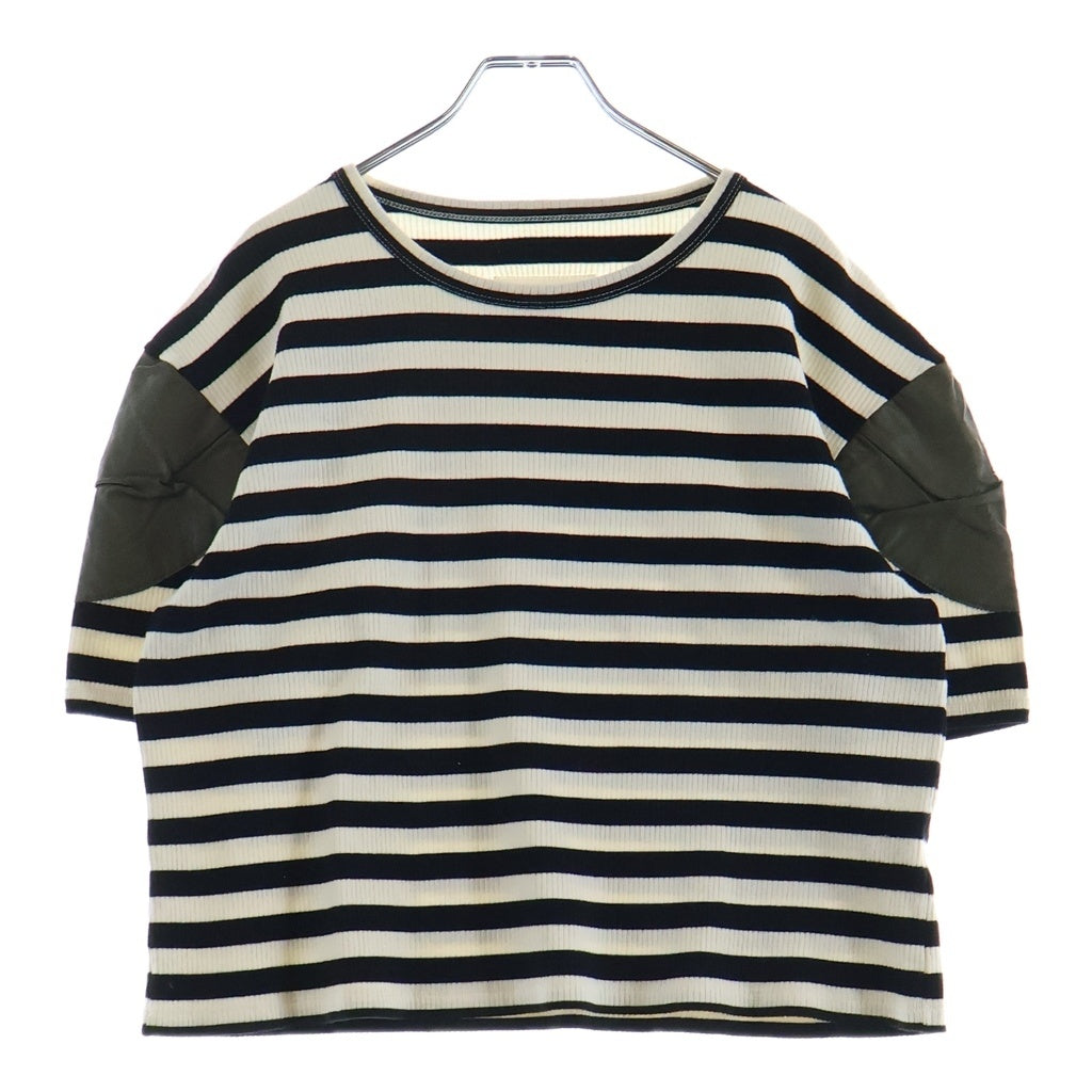 MM6 Maison Margiela(エムエムシックスメゾンマルジェラ) 袖レザー切り替え 半袖ボーダーTシャツ カットソー リブ編み ブラック/ホワイト 52GC005222950 レディース