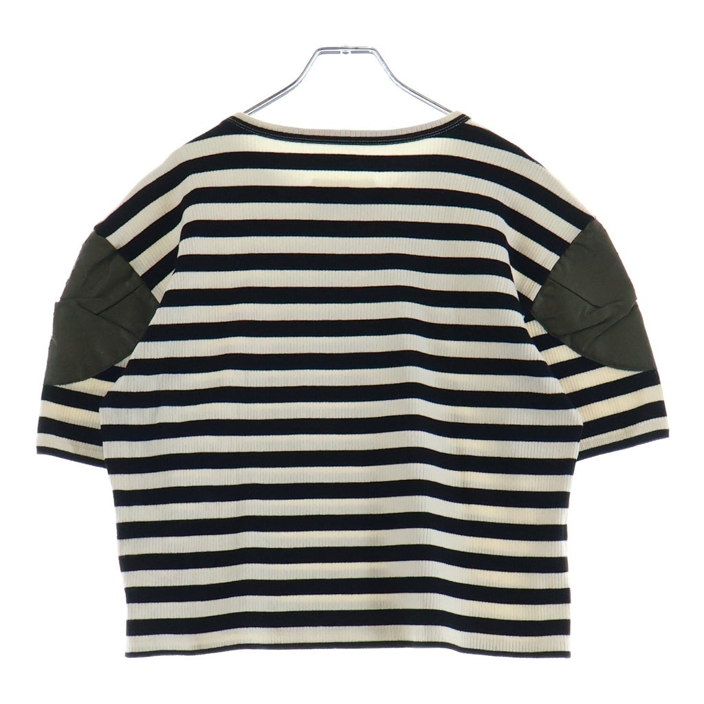 MM6 Maison Margiela(エムエムシックスメゾンマルジェラ) 袖レザー切り替え 半袖ボーダーTシャツ カットソー リブ編み ブラック/ホワイト 52GC005222950 レディース