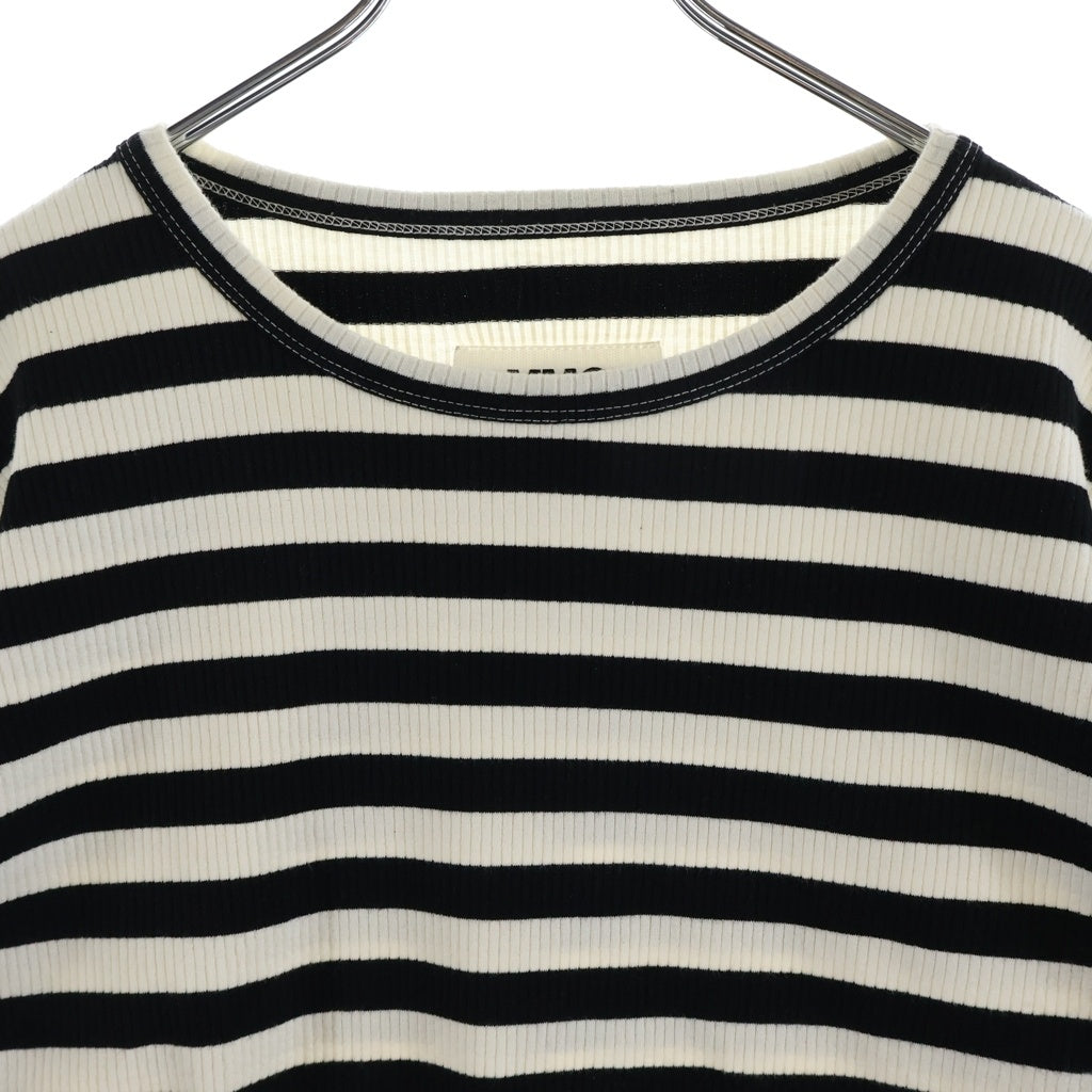 MM6 Maison Margiela(エムエムシックスメゾンマルジェラ) 袖レザー切り替え 半袖ボーダーTシャツ カットソー リブ編み ブラック/ホワイト 52GC005222950 レディース