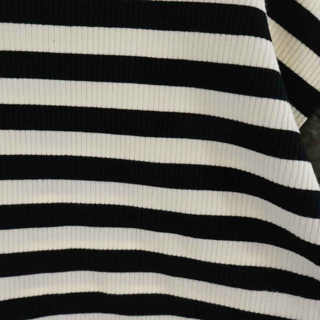 MM6 Maison Margiela(エムエムシックスメゾンマルジェラ) 袖レザー切り替え 半袖ボーダーTシャツ カットソー リブ編み ブラック/ホワイト 52GC005222950 レディース