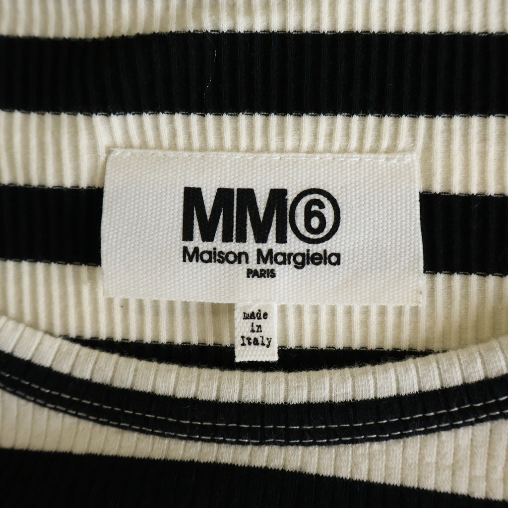 MM6 Maison Margiela(エムエムシックスメゾンマルジェラ) 袖レザー切り替え 半袖ボーダーTシャツ カットソー リブ編み ブラック/ホワイト 52GC005222950 レディース