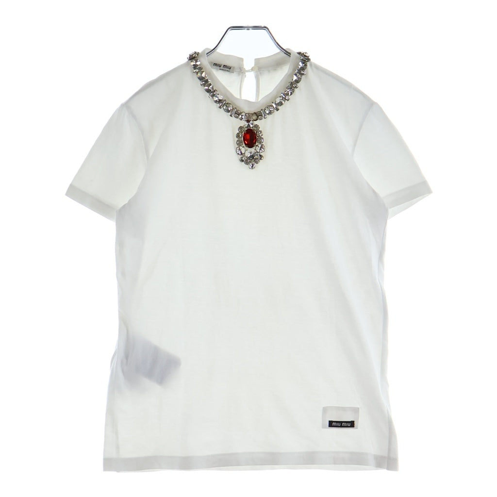 miumiu(ミュウミュウ) ビジュー クリスタルネックレス装飾 半袖Tシャツ カットソー ホワイト MJN257 1X5H レディース