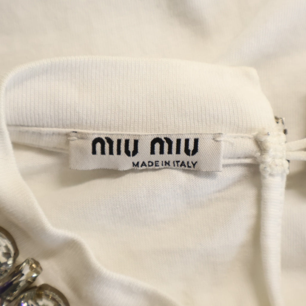 miumiu(ミュウミュウ) ビジュー クリスタルネックレス装飾 半袖Tシャツ カットソー ホワイト MJN257 1X5H レディース