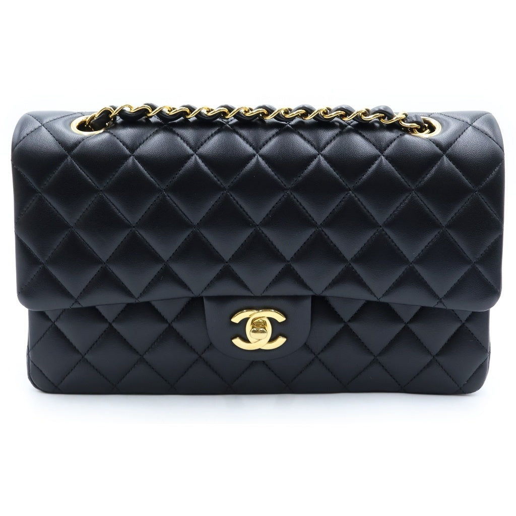 CHANEL(シャネル) マトラッセ25 Wフラップ Wチェーンショルダーバッグ ラムスキン ゴールド金具 ブラック プレート レディース
