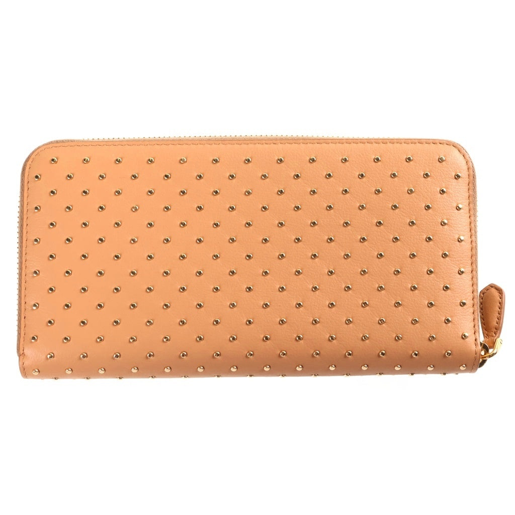 PRADA(プラダ) スタッズ トライアングルロゴ レザー ゴールド金具 ラウンドファスナー 長財布 ベージュ レディース