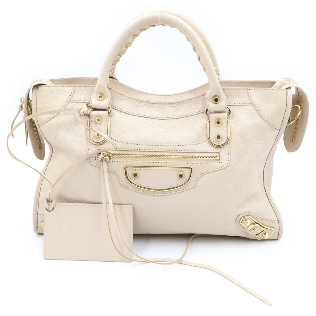 BALENCIAGA(バレンシアガ) クラシック メタリック エッジ シティ レザー 2WAY ハンド ショルダーバッグ ゴールド金具 ベージュ 390154 レディース