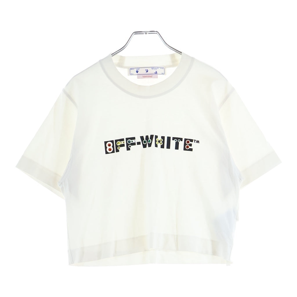 OFF-WHITE(オフホワイト) ラインストーン ロゴプリント クロップド 半袖 Tシャツ カットソー ホワイト レディース OWAA090S22JER002