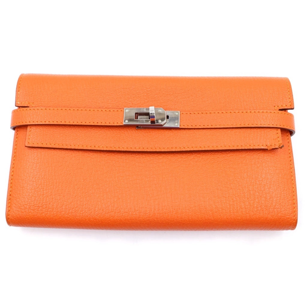HERMES(エルメス) ケリーウォレット 長財布 シルバー金具 X刻印 シェーブル オレンジ レディース