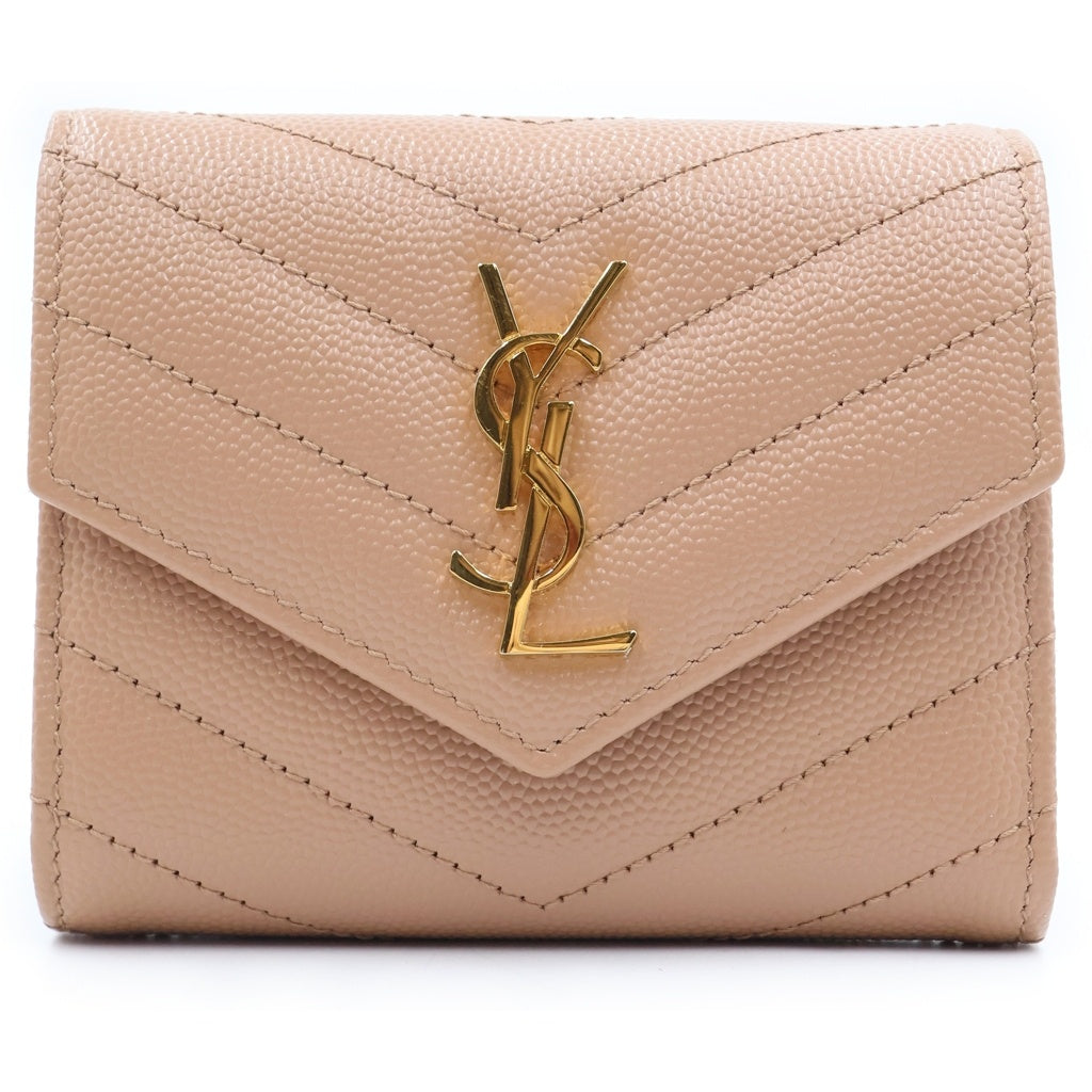 SAINT LAURENT PARIS(サンローランパリ) カサンドラ 三つ折り財布 コンパクトウォレット コインケース ベージュ レザー 692061 ゴールド金具 レディース