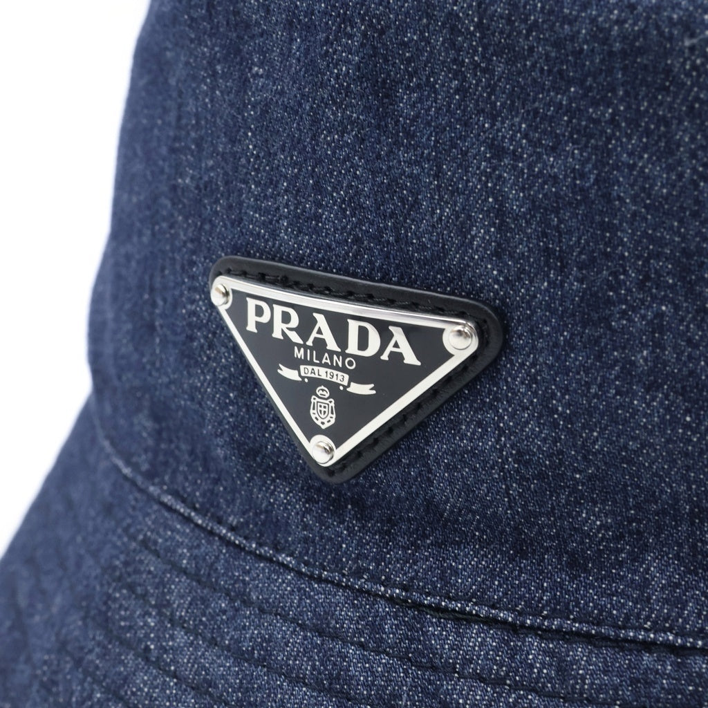 PRADA(プラダ) トライアングルロゴ コットン デニム バケットハット バケハ 帽子 #M インディゴブルー レディース