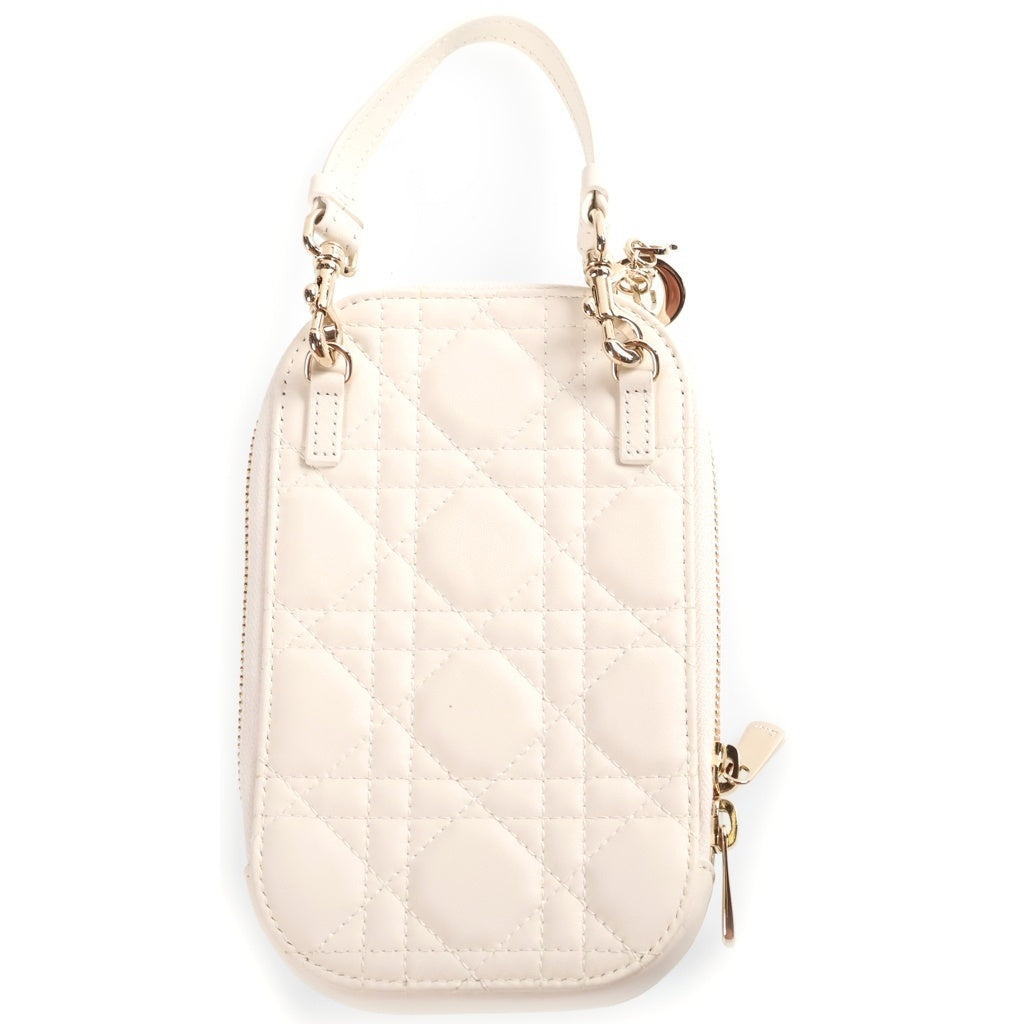 Christian Dior(クリスチャンディオール) カナージュ フォンホルダー チェーンショルダー ポーチ レザー ホワイト レディース