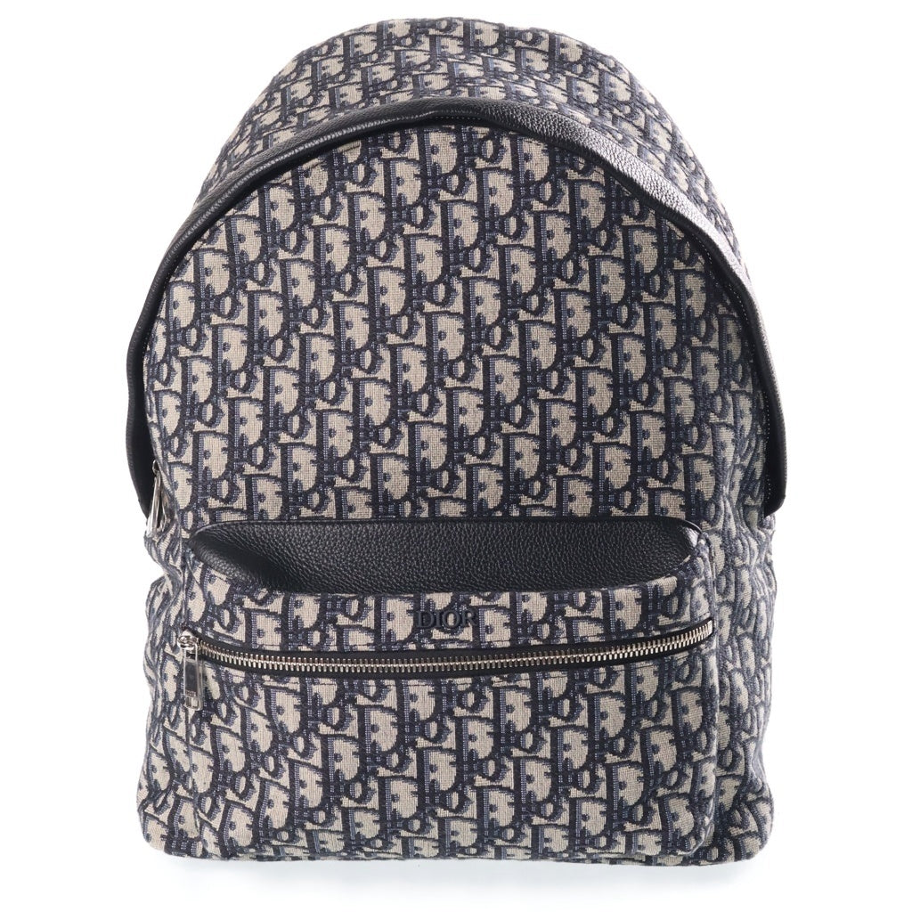 Christian Dior(クリスチャンディオール) オブリーク バックパック リュックサック ベージュ×ブラック レザー×キャンバス シルバー金具 レディース