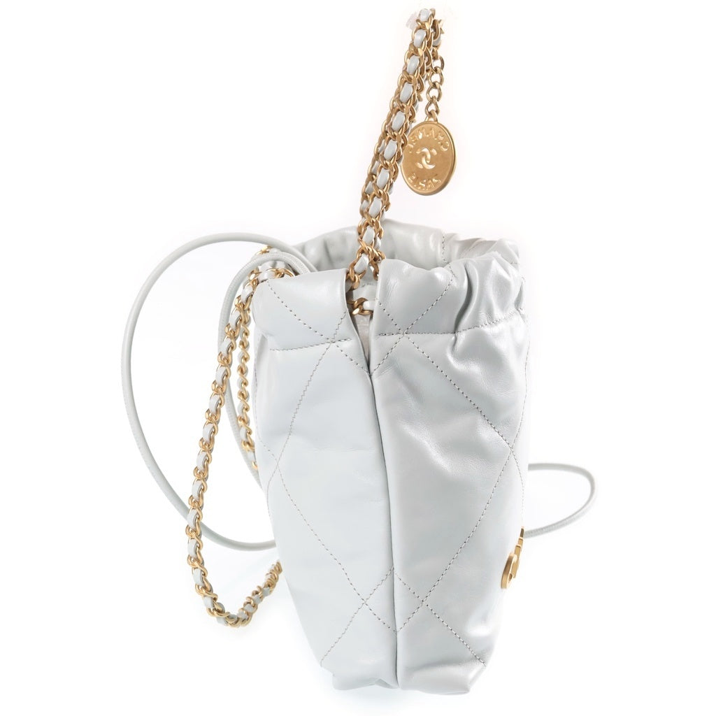 CHANEL(シャネル) シャネル22 ミニ ハンドバック チェーンショルダー 2way 巾着バッグ カーフスキン ゴールド金具 グレーブルー レディース