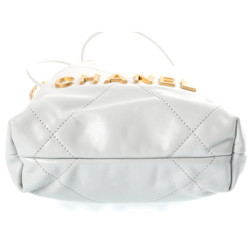 CHANEL(シャネル) シャネル22 ミニ ハンドバック チェーンショルダー 2way 巾着バッグ カーフスキン ゴールド金具 グレーブルー レディース