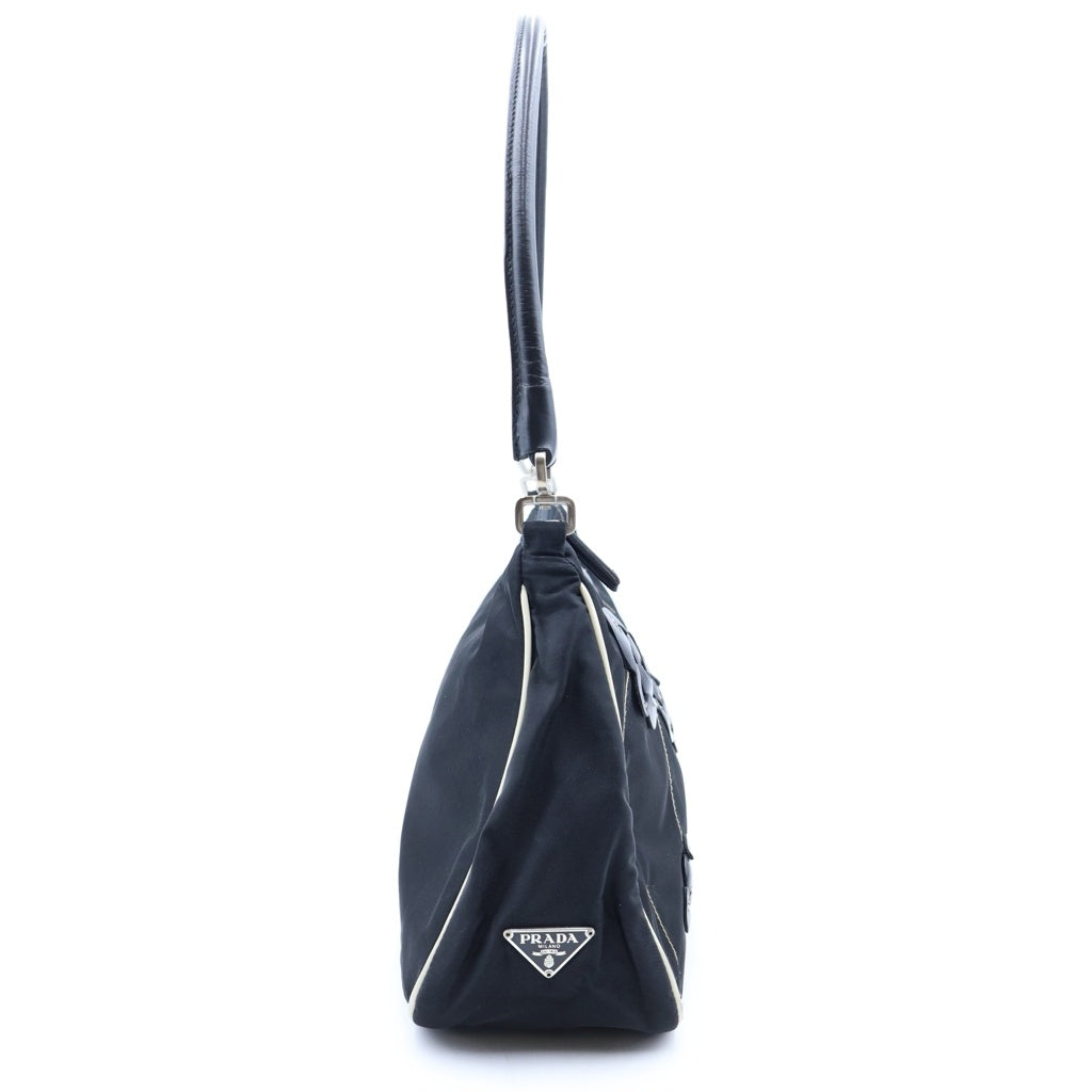 PRADA(プラダ) レザーフラワー ワンショルダーバッグ ブラック ナイロン×レザー B11035 シルバー金具 レディース