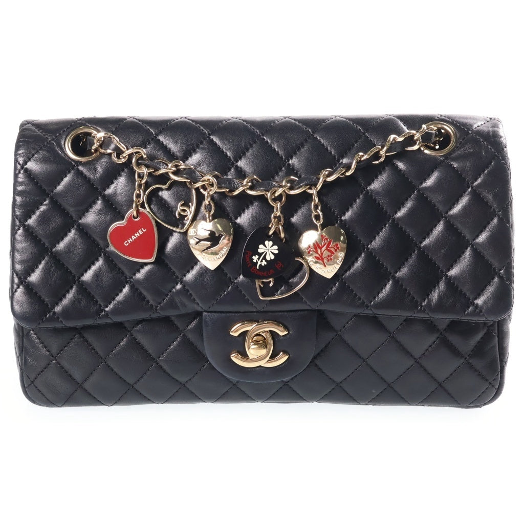 CHANEL(シャネル) マトラッセ25 バレンタイン ハートチャーム チェーンショルダーバッグ ブラック ラムスキン 13番台 ゴールド金具 レディース