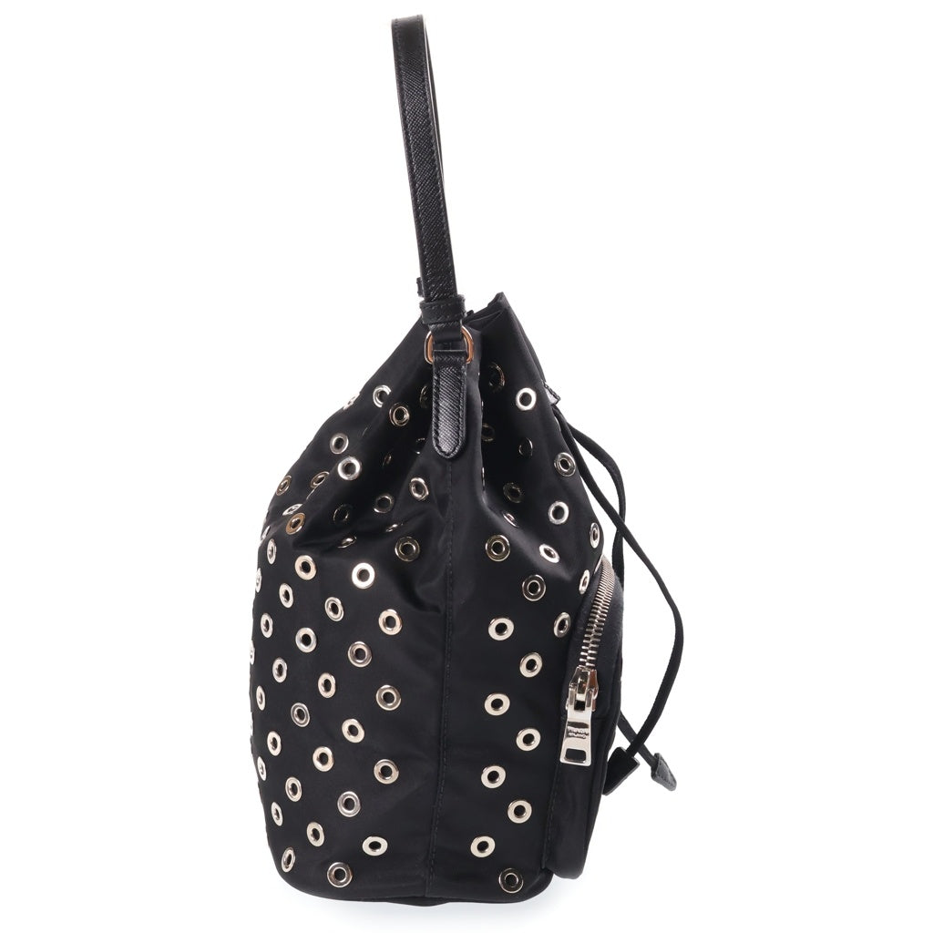 PRADA(プラダ) パンチング 2WAYハンドバッグ ショルダーバッグ ブラック レザー×ナイロン 1NE864 シルバー金具 レディース