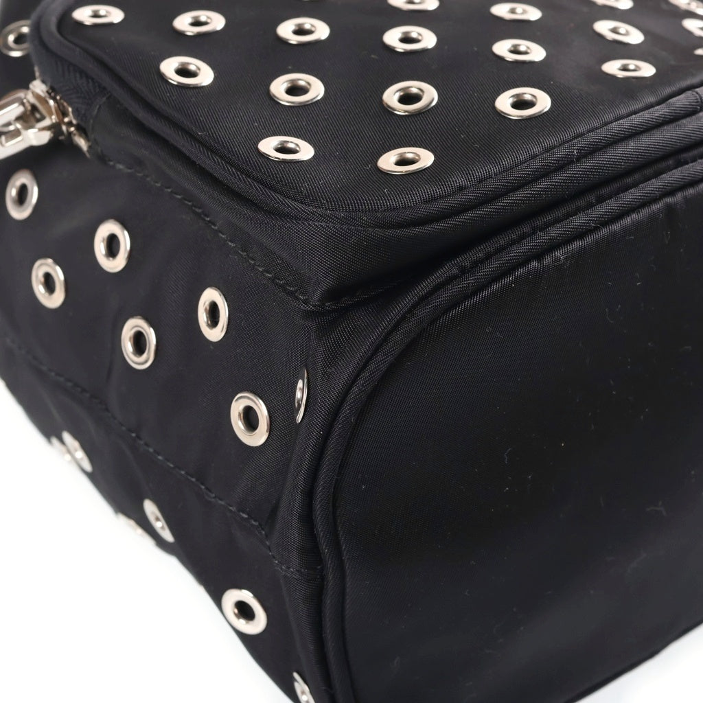PRADA(プラダ) パンチング 2WAYハンドバッグ ショルダーバッグ ブラック レザー×ナイロン 1NE864 シルバー金具 レディース