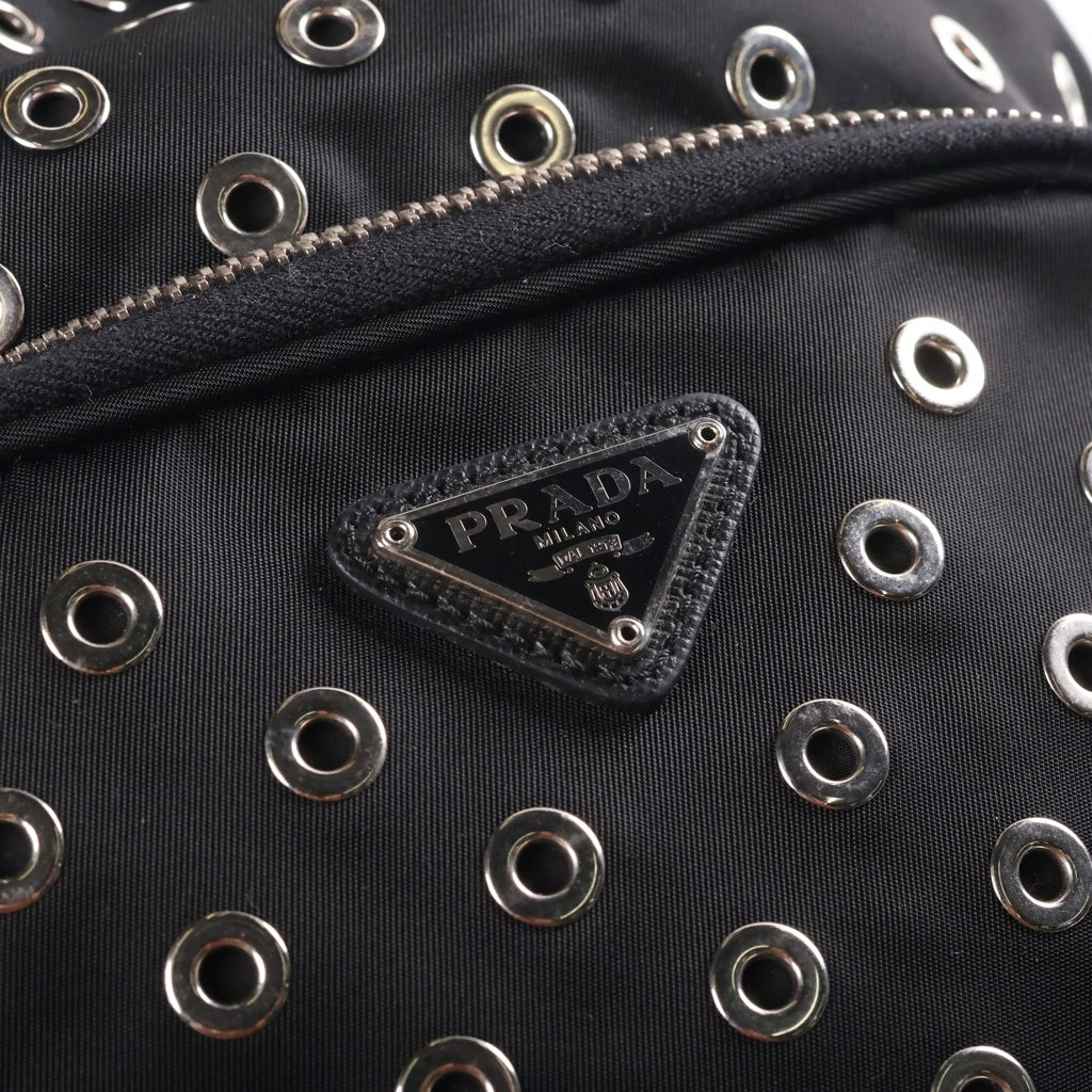 PRADA(プラダ) パンチング 2WAYハンドバッグ ショルダーバッグ ブラック レザー×ナイロン 1NE864 シルバー金具 レディース