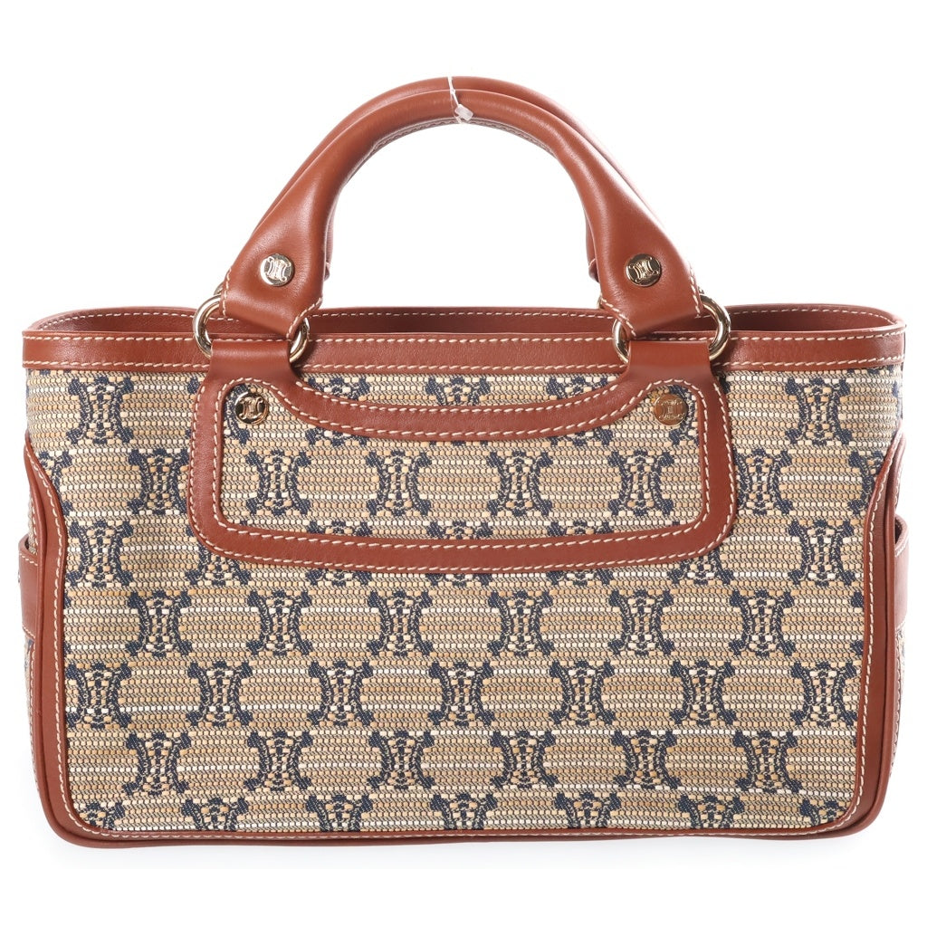 CELINE(セリーヌ) マカダム ブギーバッグ ハンドバッグ アイボリー×ブラウン レザー×キャンバス ゴールド金具 レディース
