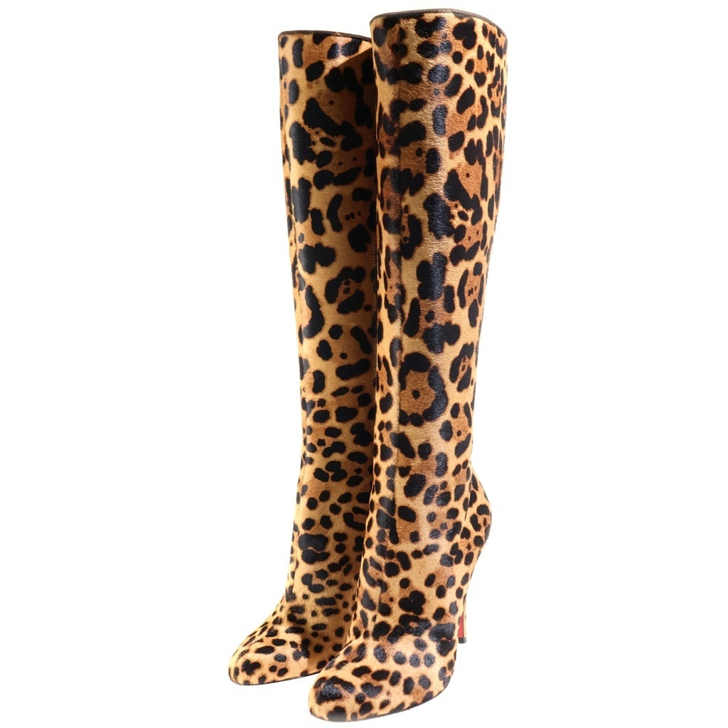 CHRISTIAN LOUBOUTIN(クリスチャンルブタン) レオパード総柄 ハラコ レザー ヒール ロングブーツ シューズ ブラウン レディース
