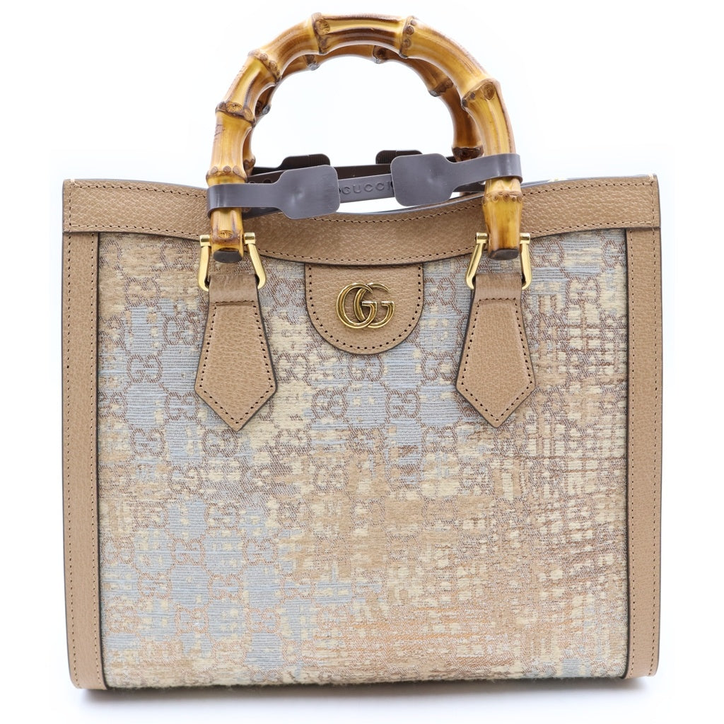 GUCCI(グッチ) ×HOSOO 細尾 ダイアナ スモール 西陣織 バンブー キャンバス レザー 2WAY ハンド ショルダーバッグ ベージュ 702721