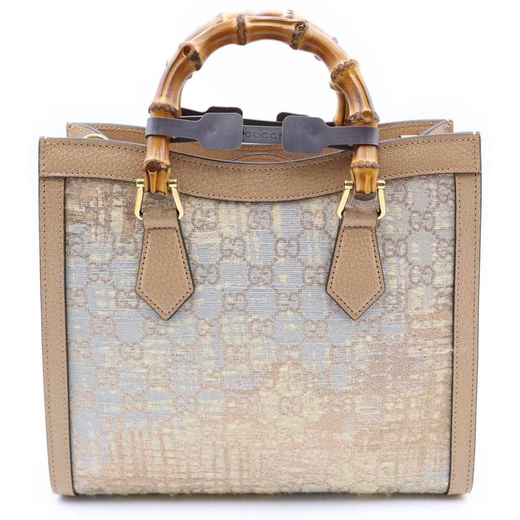 GUCCI(グッチ) ×HOSOO 細尾 ダイアナ スモール 西陣織 バンブー キャンバス レザー 2WAY ハンド ショルダーバッグ ベージュ 702721