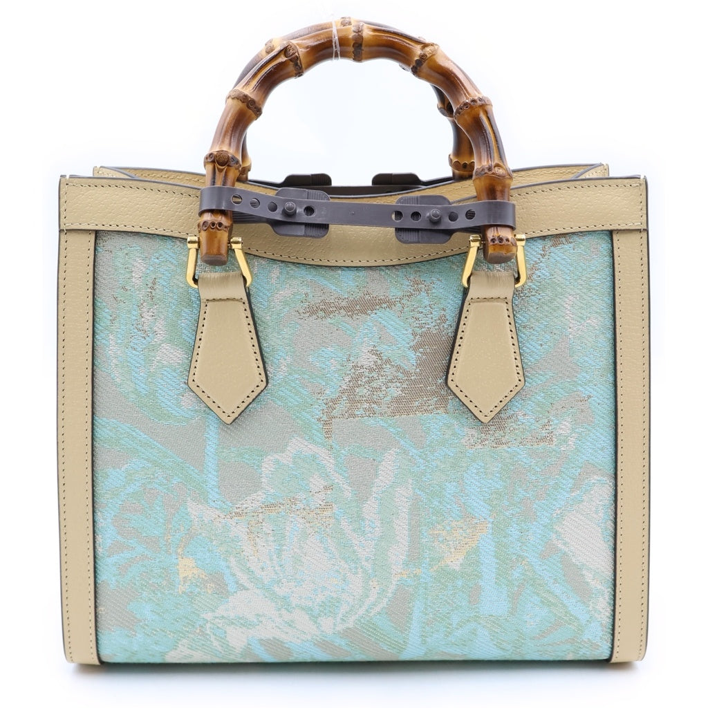 GUCCI(グッチ) ×HOSOO 細尾 ダイアナ スモール 西陣織 バンブー キャンバス レザー 2WAY ハンド ショルダーバッグ ベージュ/ライトブルー 702721 レディース