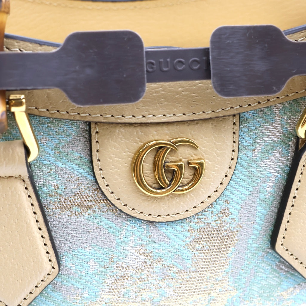 GUCCI(グッチ) ×HOSOO 細尾 ダイアナ スモール 西陣織 バンブー キャンバス レザー 2WAY ハンド ショルダーバッグ ベージュ/ライトブルー 702721 レディース