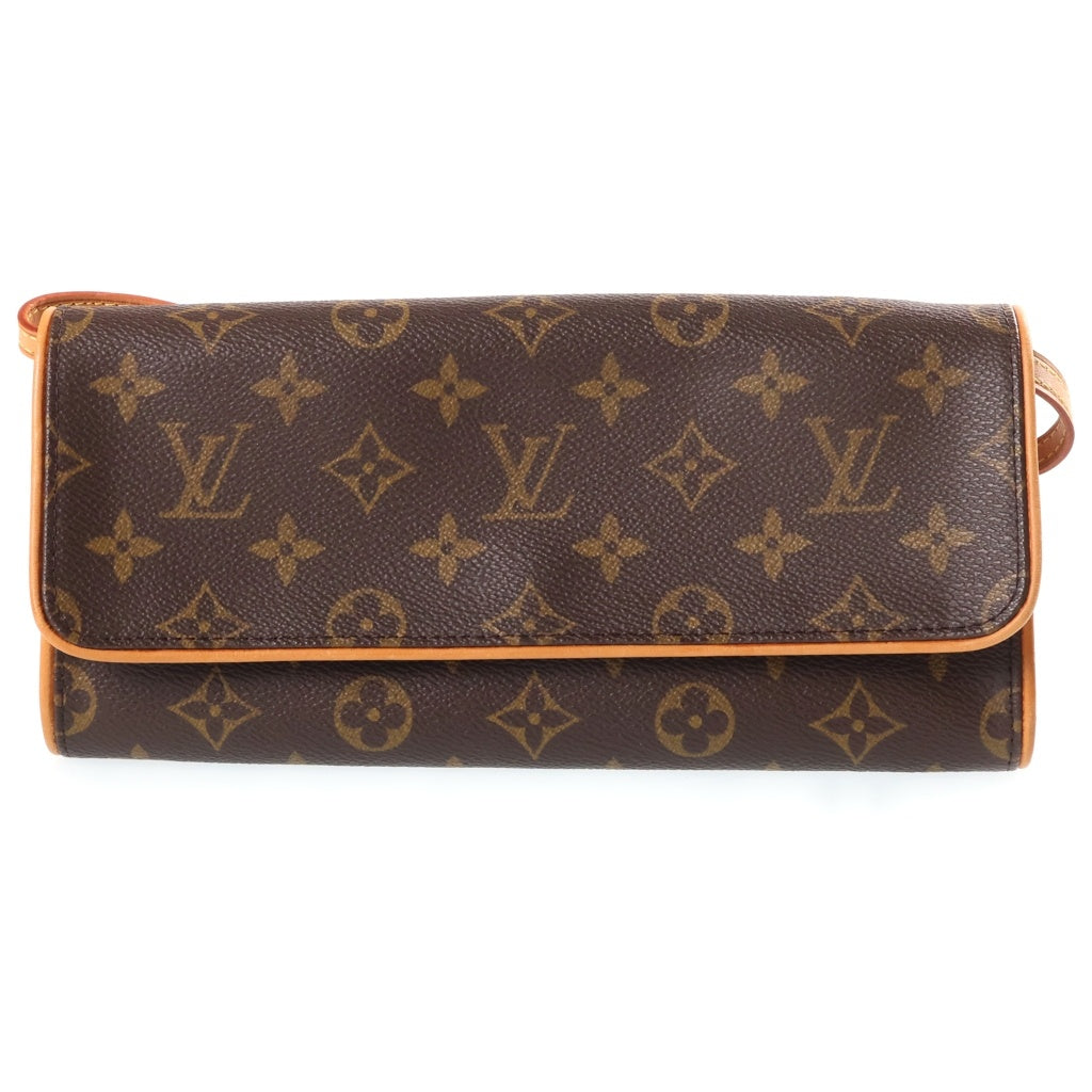 LOUIS VUITTON(ルイヴィトン) モノグラム ポシェットツインGM ミニショルダーバッグ ブラウン レザー×PVC M51852 ゴールド金具 レディース