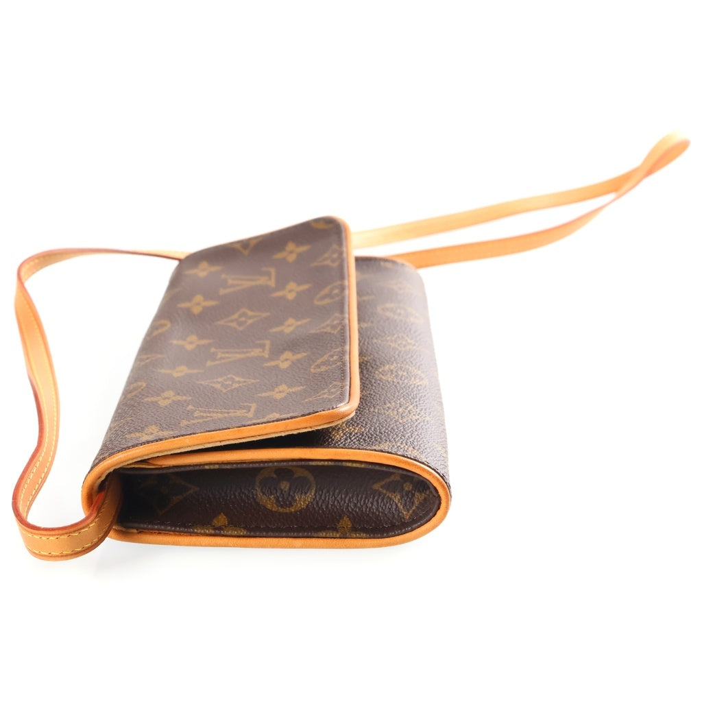 LOUIS VUITTON(ルイヴィトン) モノグラム ポシェットツインGM ミニショルダーバッグ ブラウン レザー×PVC M51852 ゴールド金具 レディース