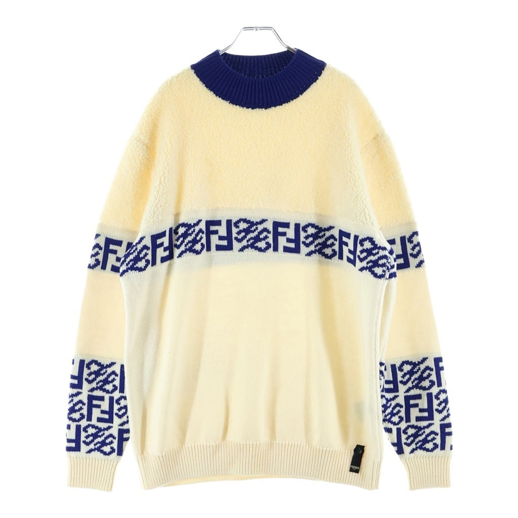 FENDI(フェンディ) クルーネック ロゴデザイン ボア ニット セーター アイボリー×ブルー #52 レディース