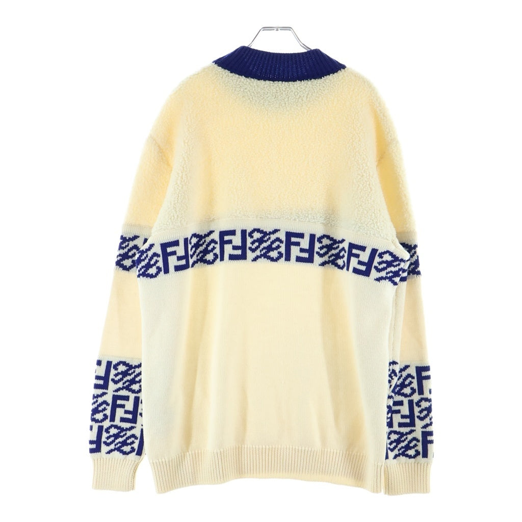 FENDI(フェンディ) クルーネック ロゴデザイン ボア ニット セーター アイボリー×ブルー #52 レディース