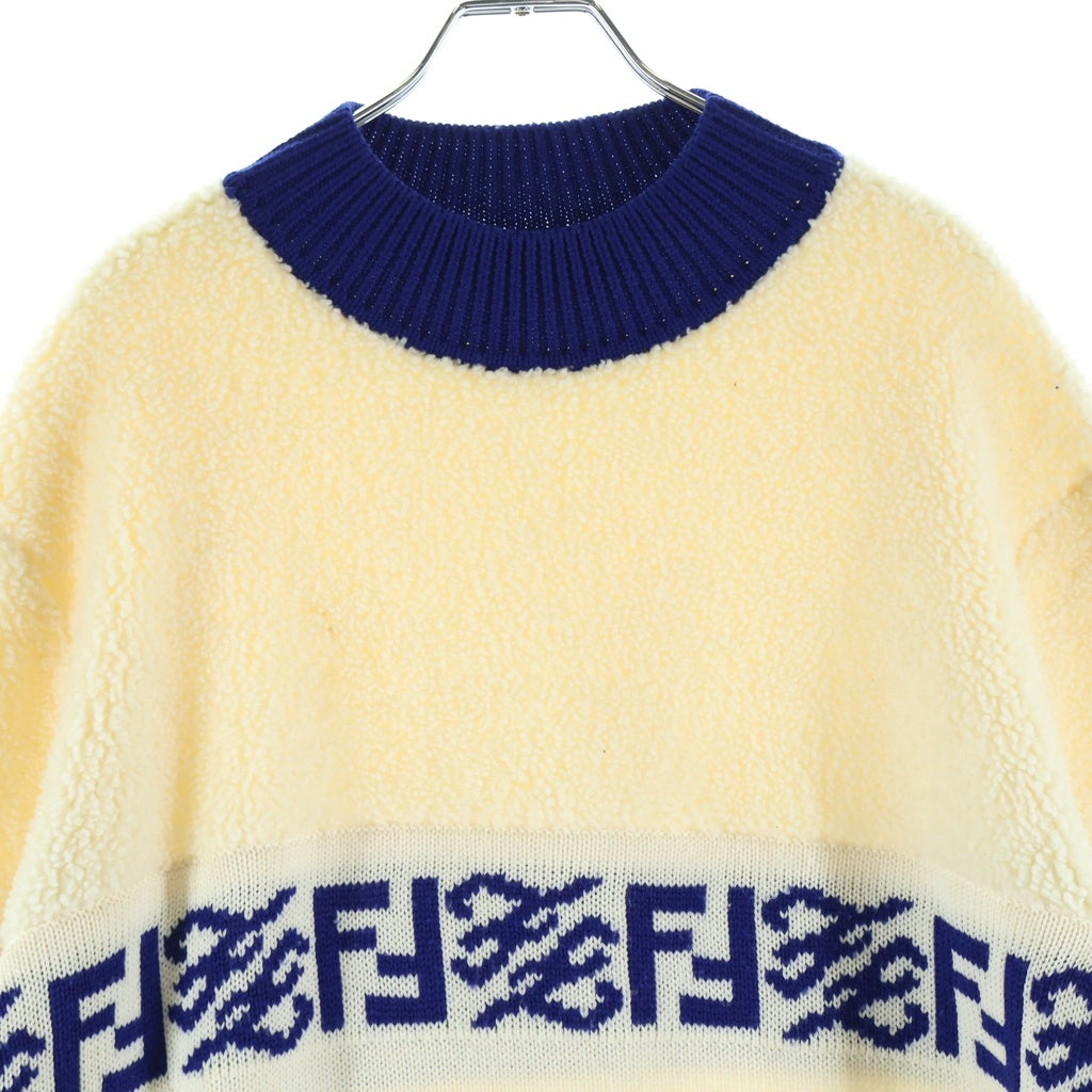 FENDI(フェンディ) クルーネック ロゴデザイン ボア ニット セーター アイボリー×ブルー #52 レディース