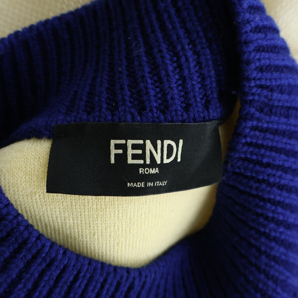 FENDI(フェンディ) クルーネック ロゴデザイン ボア ニット セーター アイボリー×ブルー #52 レディース