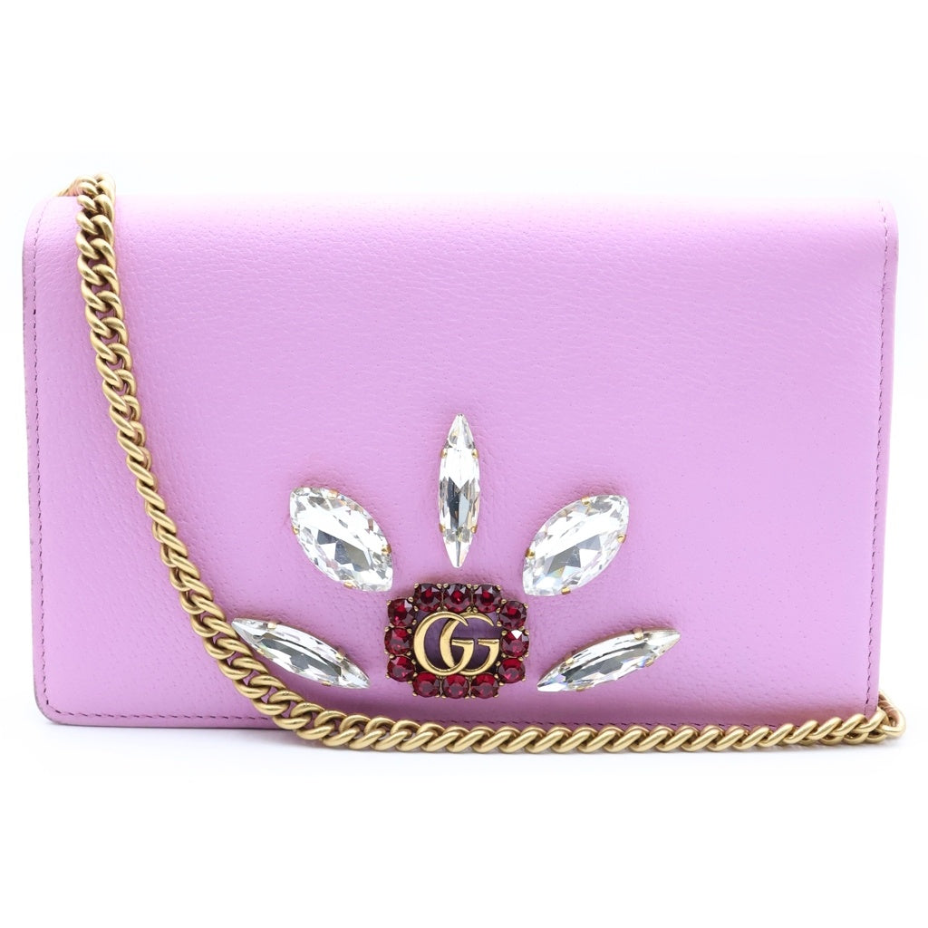 GUCCI(グッチ) GGマーモント ビジュー チェーンウォレット ショルダーバッグ パープルピンク レザー 499782 ゴールド金具 レディース
