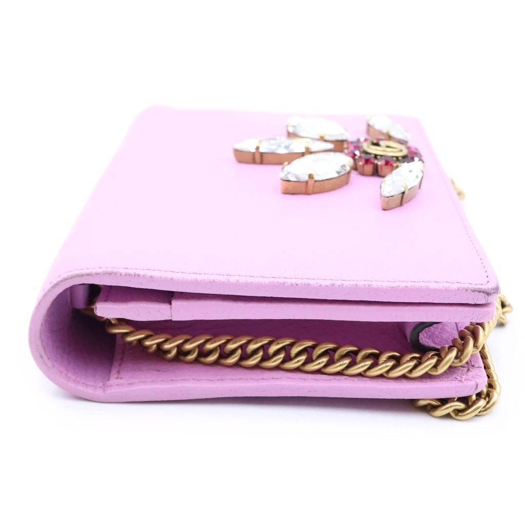 GUCCI(グッチ) GGマーモント ビジュー チェーンウォレット ショルダーバッグ パープルピンク レザー 499782 ゴールド金具 レディース