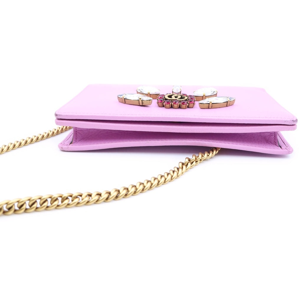 GUCCI(グッチ) GGマーモント ビジュー チェーンウォレット ショルダーバッグ パープルピンク レザー 499782 ゴールド金具 レディース