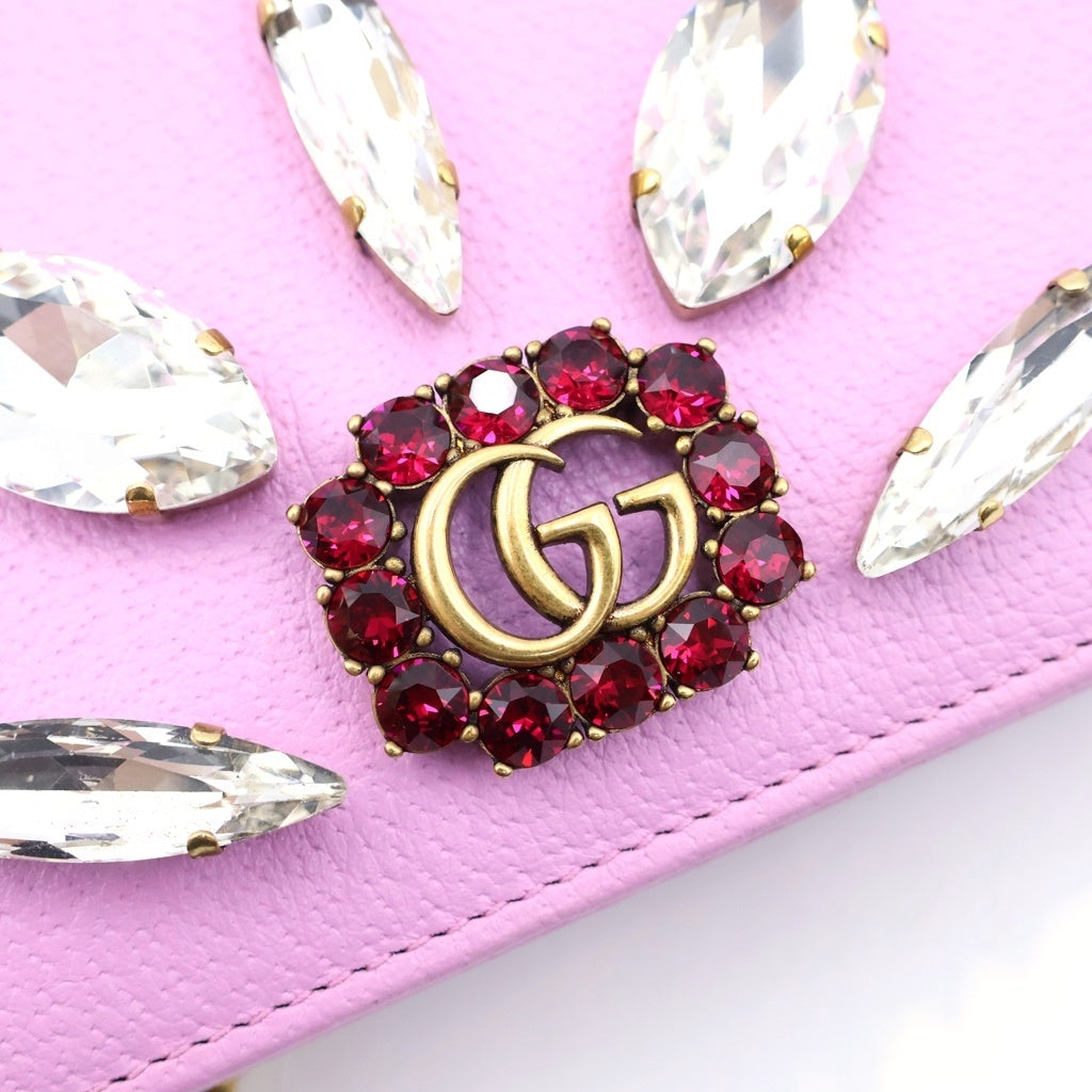 GUCCI(グッチ) GGマーモント ビジュー チェーンウォレット ショルダーバッグ パープルピンク レザー 499782 ゴールド金具 レディース