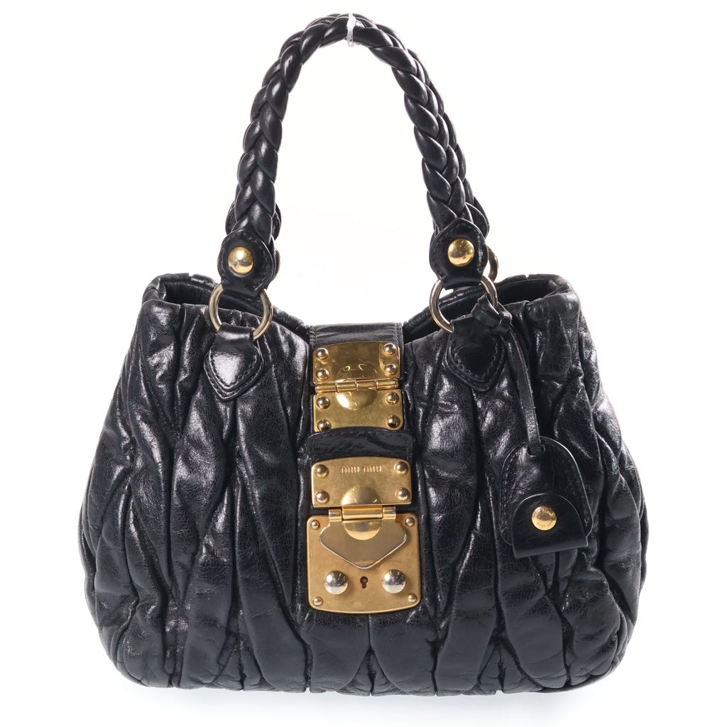 miumiu(ミュウミュウ) マテラッセ ラムスキン レザー ハンドバッグ ゴールド/シルバー金具 ブラック レディース
