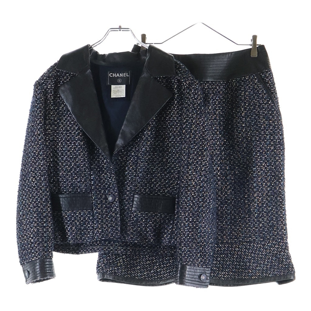 CHANEL(シャネル) セットアップ ツイード 総柄 レザー切り替え テーラードジャケット ミディアムスカート ブラック レディース P19969W03063
