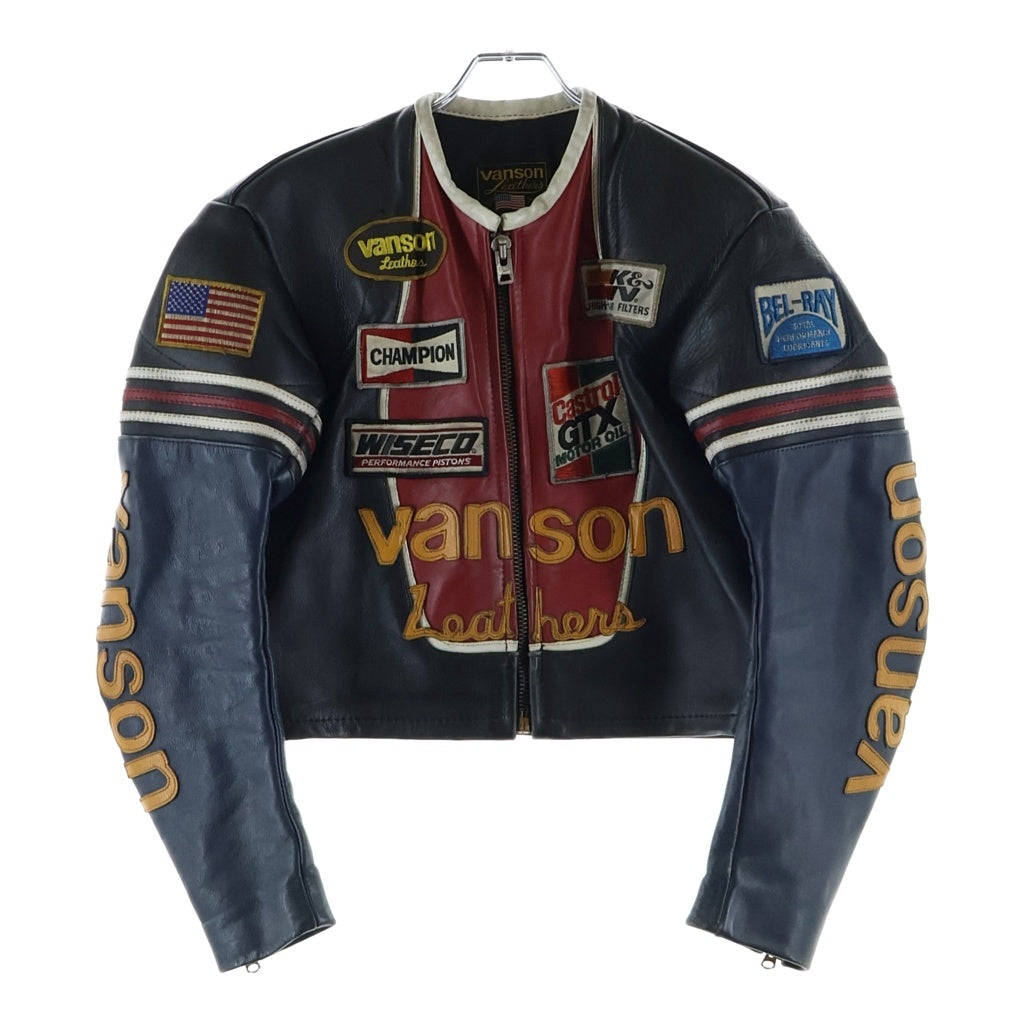 VANSON(バンソン) ワンスター ワッペンロゴ ノーカラー レザー ライダース ジップアップ ジャケット ブラック