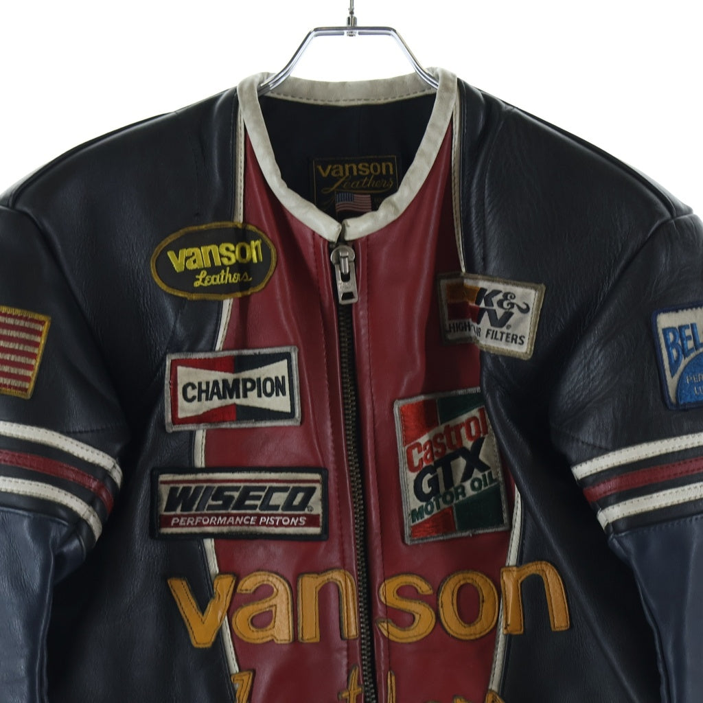 VANSON(バンソン) ワンスター ワッペンロゴ ノーカラー レザー ライダース ジップアップ ジャケット ブラック