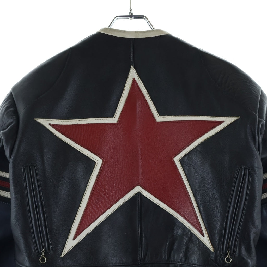 VANSON(バンソン) ワンスター ワッペンロゴ ノーカラー レザー ライダース ジップアップ ジャケット ブラック
